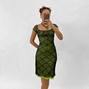💚SOLD💚Y2k 90s babydoll milkmaid dress Green black mesh Brand is Bisou Bisou